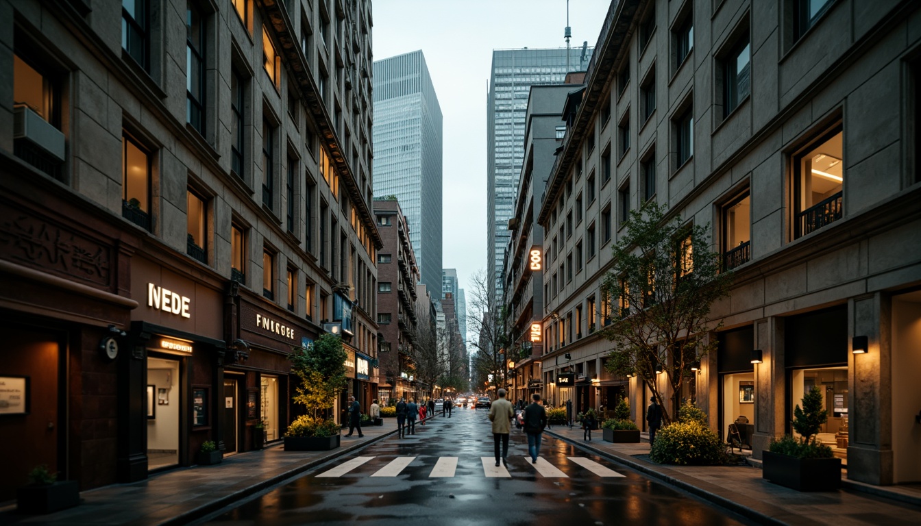 Prompt: Moody financial district, granite skyscrapers, dark bronze accents, rich wood tones, vintage clock towers, ornate stone carvings, heavy iron gates, misty rainy day, warm golden lighting, shallow depth of field, 1/2 composition, realistic textures, ambient occlusion, muted color palette, earthy brown, deep blue, moss green, weathered copper, faded gold.