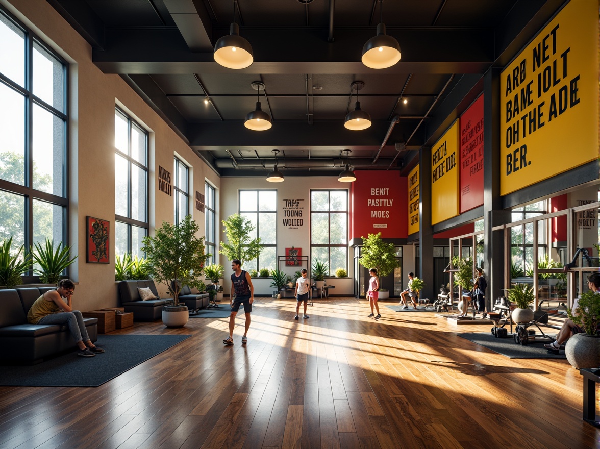 Prompt: Modern fitness club interior, high ceilings, large windows, natural lighting, wooden flooring, sleek equipment, mirrored walls, vibrant colors, motivational quotes, ambient sounds, soft warm glow, 1/2 composition, shallow depth of field, realistic textures, athletic wear, energetic atmosphere, morning sunlight, refreshing ambiance.