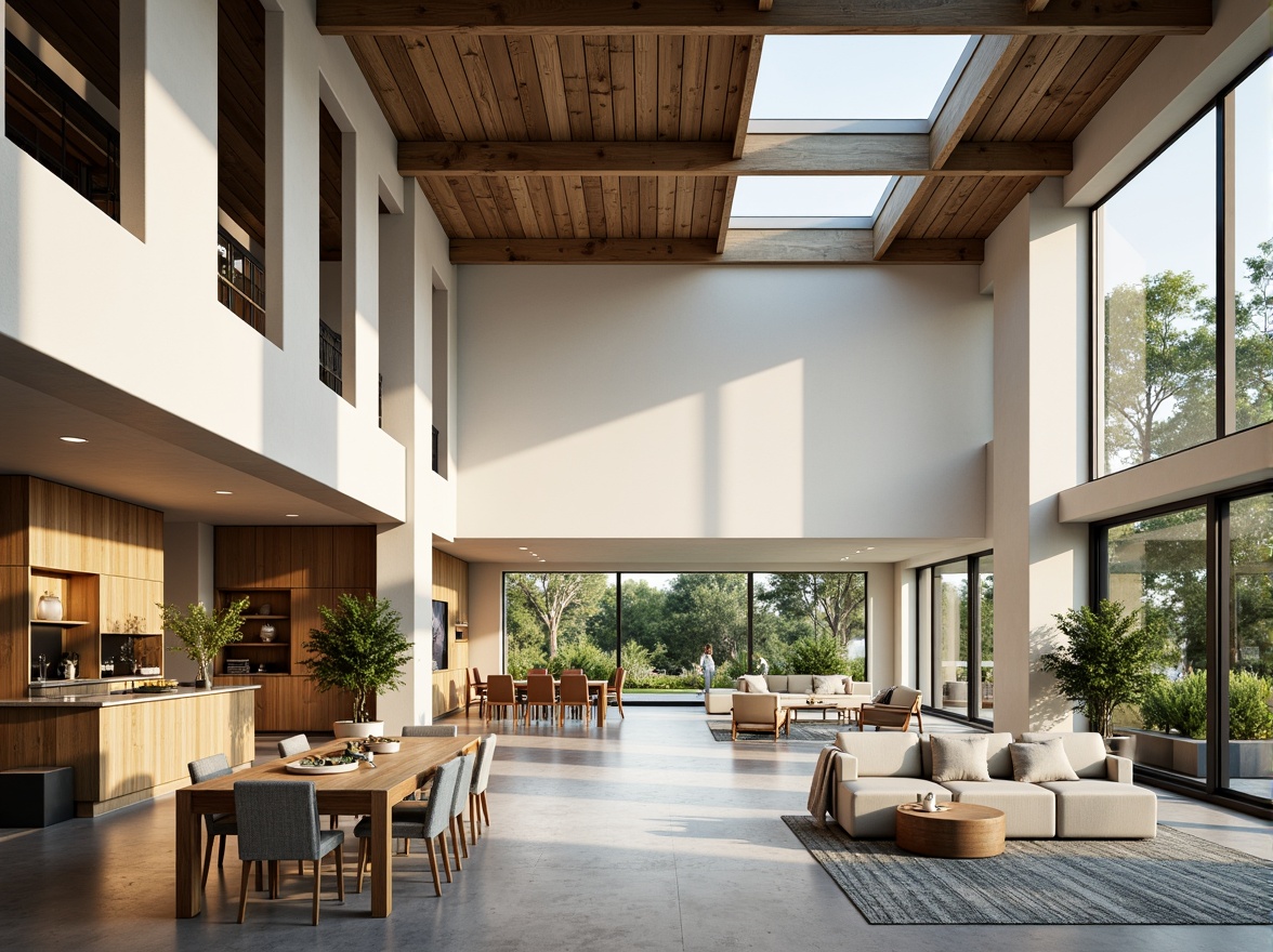 Prompt: Spacious open-plan interior, high ceilings, clerestory windows, skylights, sliding glass doors, minimalist decor, polished concrete floors, industrial-chic aesthetic, abundant natural light, warm sunny ambiance, soft diffused lighting, 1/1 composition, shallow depth of field, realistic textures, ambient occlusion.