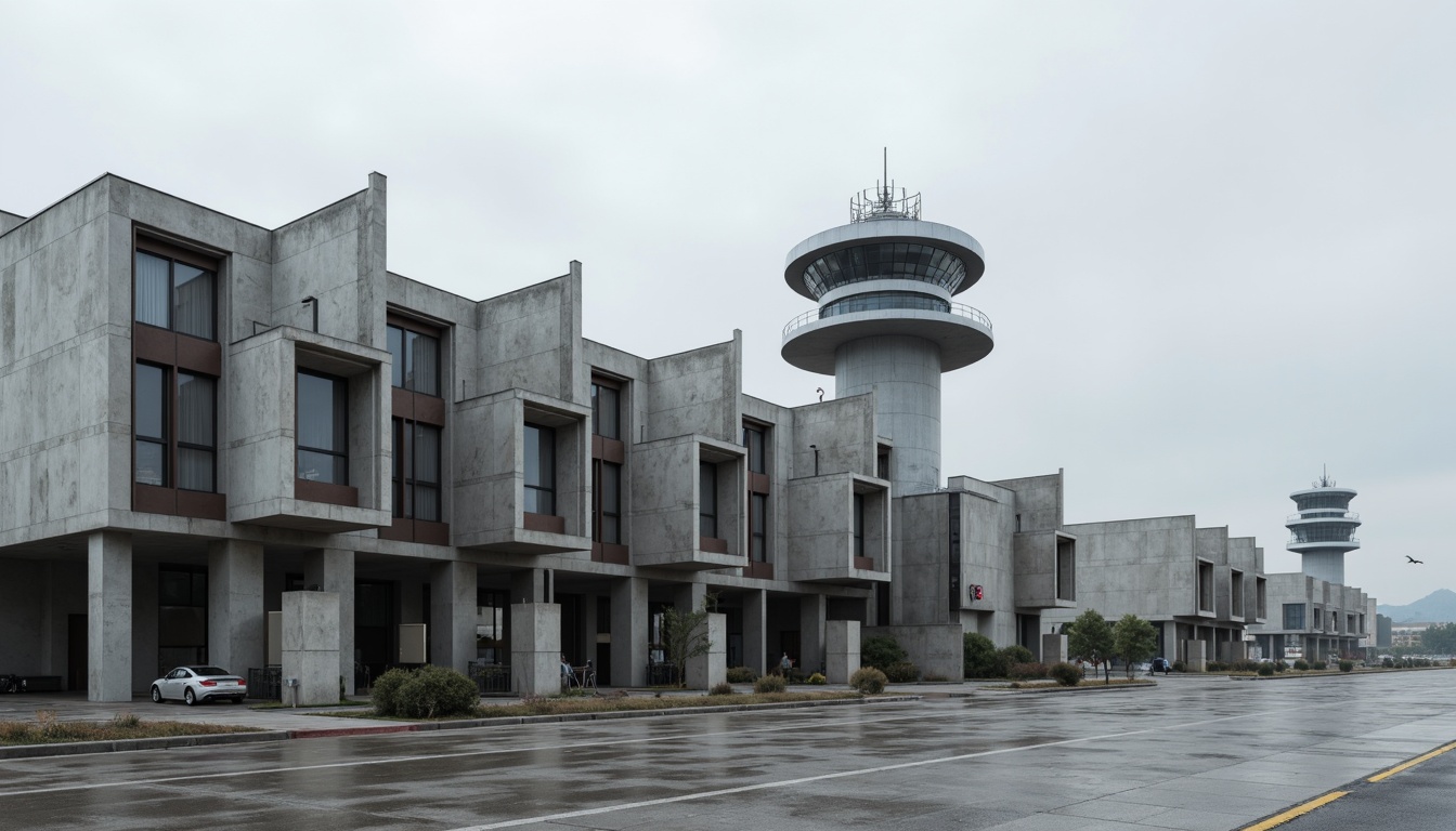 Prompt: Rugged airport facade, brutalist architecture, raw concrete texture, angular geometric forms, bold cantilevered structures, massive column supports, industrial-style metal cladding, minimalist window arrangements, functional simplicity, atmospheric misting systems, dramatic high-ceiling entrance halls, exposed ductwork, utilitarian aesthetics, modern air traffic control towers, radar installations, wind-swept landscapes, overcast skies, low-key ambient lighting, cinematic 3/4 composition, realistic material textures, subtle camera movements.