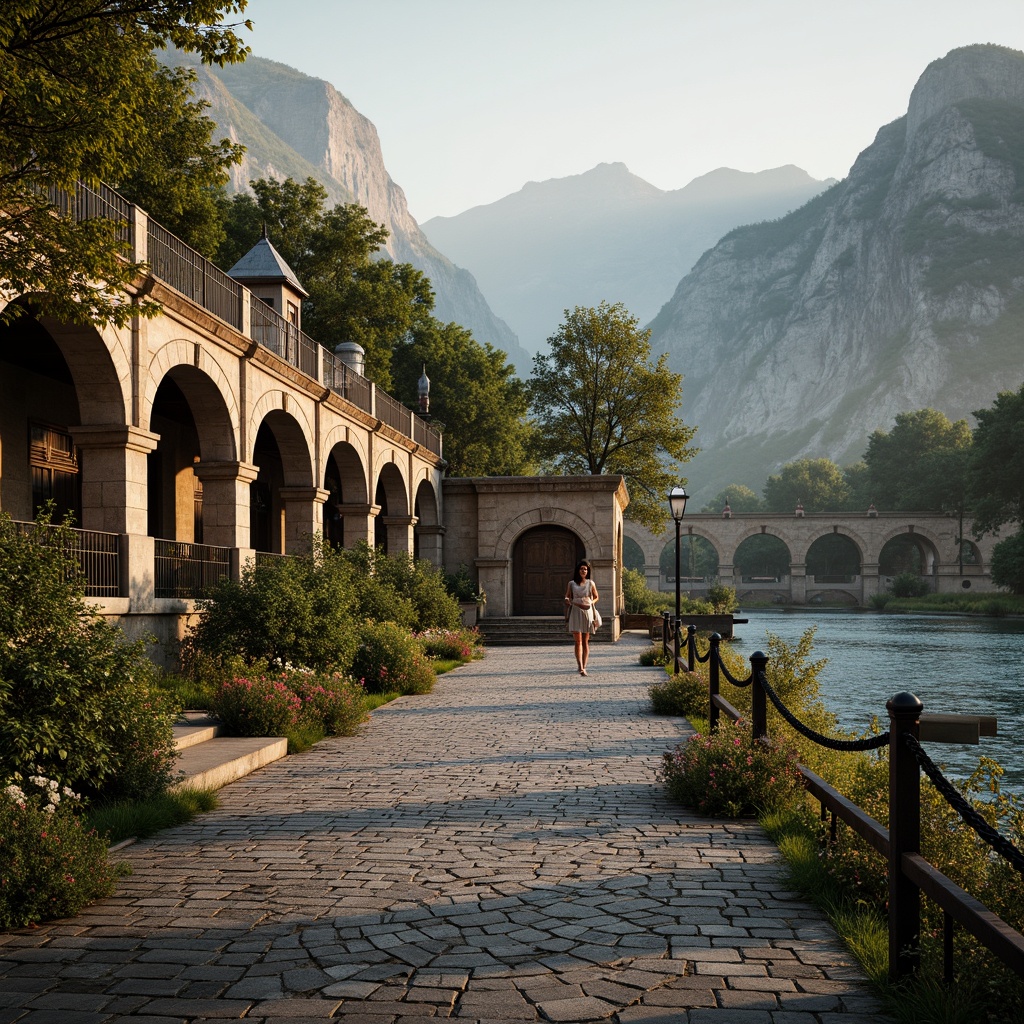 Prompt: Historic Byzantine bridge, ornate stone arches, rustic cobblestone pavement, lush greenery, vibrant flowers, meandering waterways, serene river views, majestic mountains, misty atmosphere, warm golden lighting, shallow depth of field, 3/4 composition, panoramic view, realistic textures, ambient occlusion, intricate Byzantine patterns, ornate metal railings, weathered stone walls, moss-covered ancient stones, tranquil ambiance, soft natural colors.