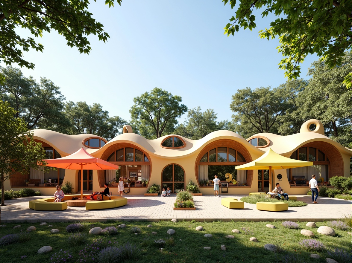 Prompt: Whimsical kindergarten building, playful rounded forms, vibrant color palette, natural wood accents, wavy rooflines, irregular shapes, soft earthy tones, lush greenery surroundings, sunny day, warm gentle lighting, shallow depth of field, 1/1 composition, panoramic view, realistic textures, ambient occlusion, wooden play structures, colorful fabric canopies, nature-inspired sculptures, interactive learning spaces.