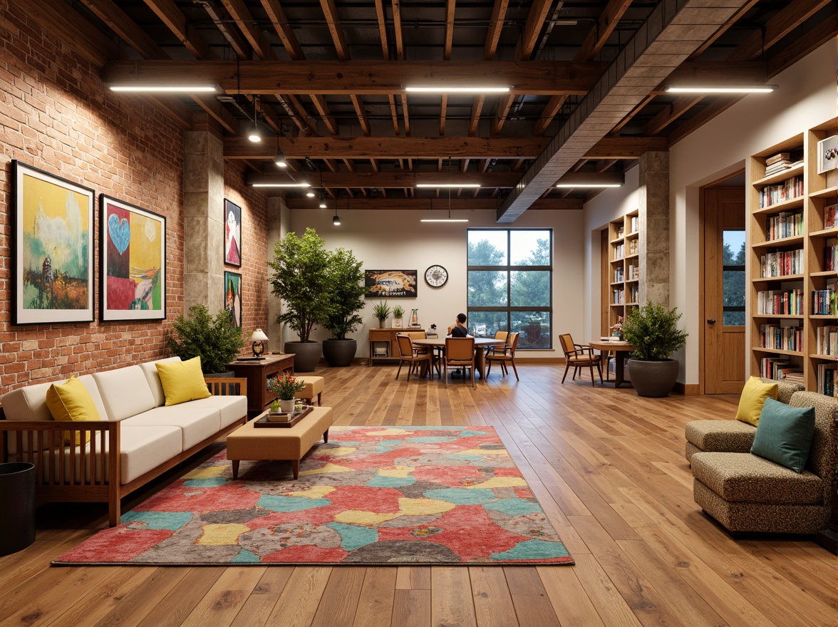 Prompt: Vibrant community center, exposed brick walls, polished wooden floors, natural stone accents, industrial metal beams, reclaimed wood furniture, cozy reading nooks, communal seating areas, eclectic artwork displays, playful color schemes, abstract patterned rugs, warm ambient lighting, softbox lighting effects, 1/1 composition, realistic material textures, subtle normal mapping.