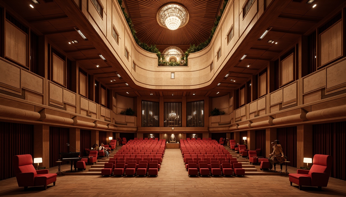 Prompt: Elegant concert house interior, wooden flooring, sound-absorbing panels, curved lines, vaulted ceiling, grand chandelier, plush red velvet seats, acoustic shell, reflective surfaces, intimate performance space, natural light filtering, warm ambiance, soft focus lighting, shallow depth of field, 1/2 composition, realistic textures, ambient occlusion.