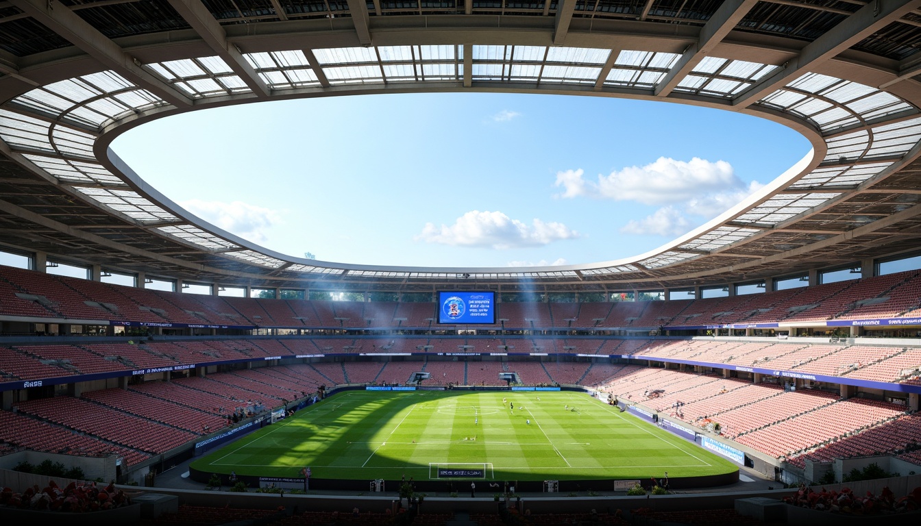 Prompt: Sleek football stadium, curved rooflines, cantilevered upper tiers, slim supporting columns, translucent membrane materials, ethereal atmosphere, natural ventilation systems, open-air concourses, minimalist seating design, vibrant team colors, dynamic LED lighting, panoramic views, shallow depth of field, 1/1 composition, realistic textures, ambient occlusion.