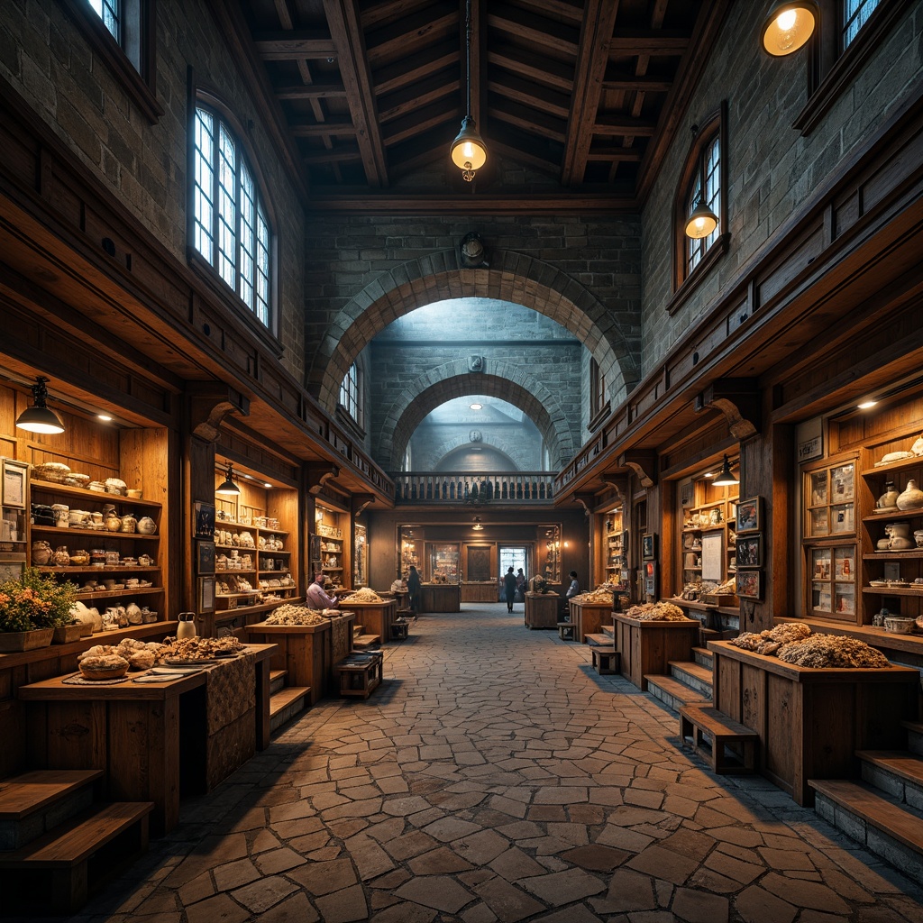 Prompt: Rustic market stalls, dark stone walls, ornate Gothic arches, stained glass windows, intricate carvings, heavy wooden beams, medieval-inspired lanterns, vintage metal signs, distressed leather textures, earthy tone color palette, natural stone flooring, reclaimed wood accents, artisanal ceramics, woven baskets, soft warm lighting, atmospheric fog effect, 1/1 composition, cinematic camera angles, high-contrast shadows.