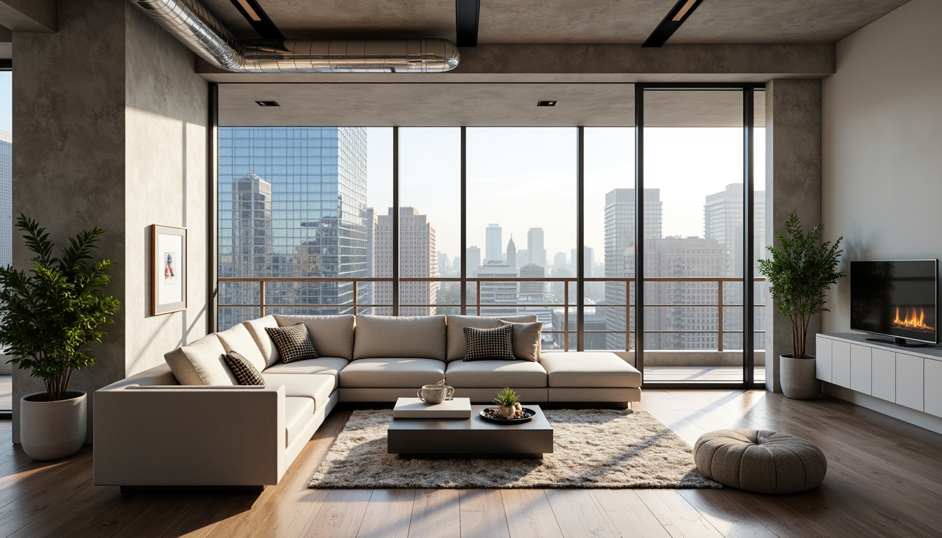 Prompt: Modern minimalist living room, sleek low-profile furniture, polished chrome accents, neutral color palette, plush area rugs, floor-to-ceiling windows, natural light, urban cityscape views, industrial-chic exposed ductwork, geometric-patterned throw pillows, ambient soft lighting, 1/1 composition, shallow depth of field, realistic textures, warm inviting atmosphere.