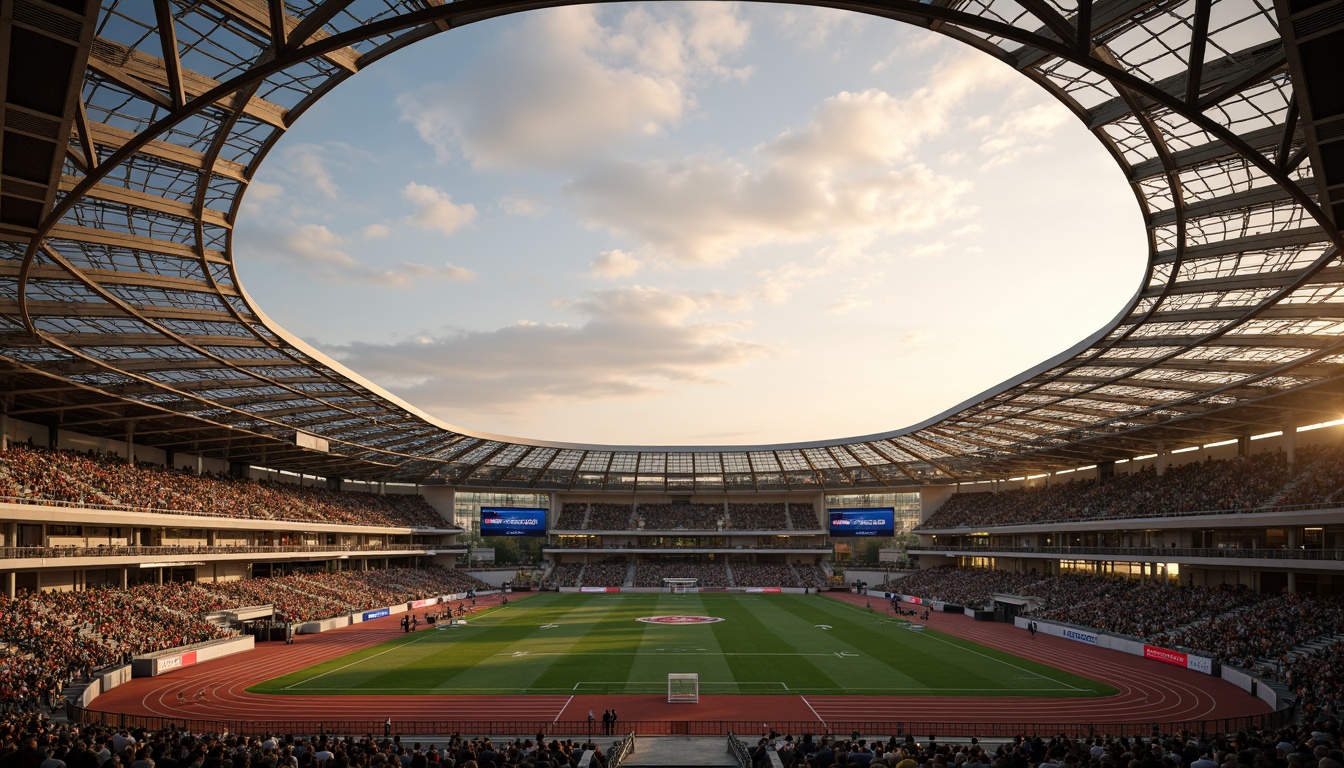 Prompt: Sleek football stadium, lightweight steel framework, curved rooflines, translucent membranes, cantilevered canopies, open-air concourses, tiered seating areas, vibrant team colors, lush green grass, athletic tracks, modern scoreboards, LED floodlights, evening sunset, warm golden lighting, shallow depth of field, 3/4 composition, panoramic view, realistic textures, ambient occlusion.