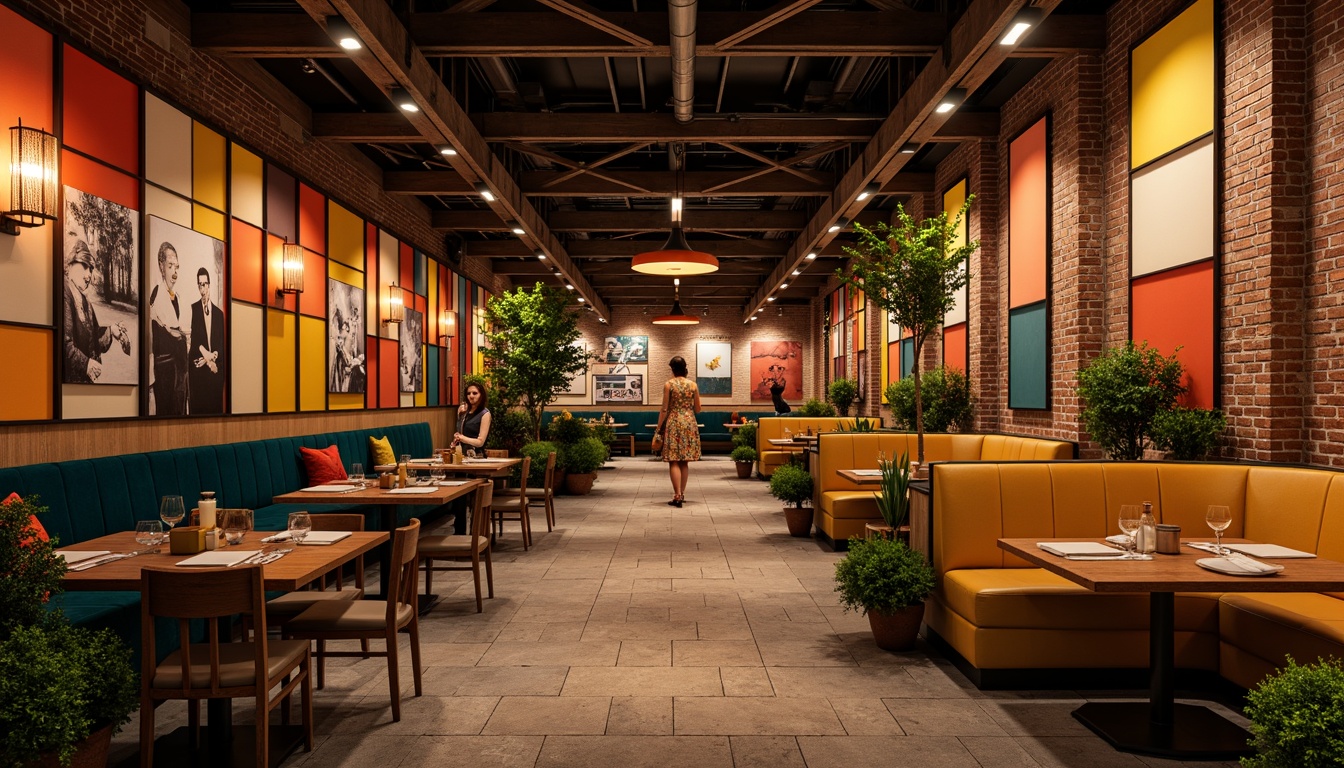 Prompt: Vibrant restaurant interior, warm earthy tones, rich wood accents, bold color blocking, geometric patterns, industrial chic lighting, exposed brick walls, metal beams, modern minimalist furniture, cozy booths, lush greenery, natural stone flooring, eclectic artwork, ambient warm lighting, shallow depth of field, 1/2 composition, realistic textures, subtle noise reduction.