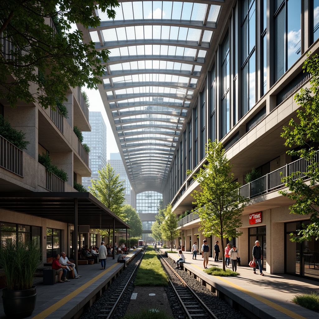 Prompt: Spacious train station, high ceilings, large windows, natural light, airy atmosphere, open concourse, steel frames, glass roofs, cantilevered canopies, green walls, living plants, urban landscape, bustling city, morning commute, soft warm lighting, shallow depth of field, 3/4 composition, panoramic view, realistic textures, ambient occlusion.