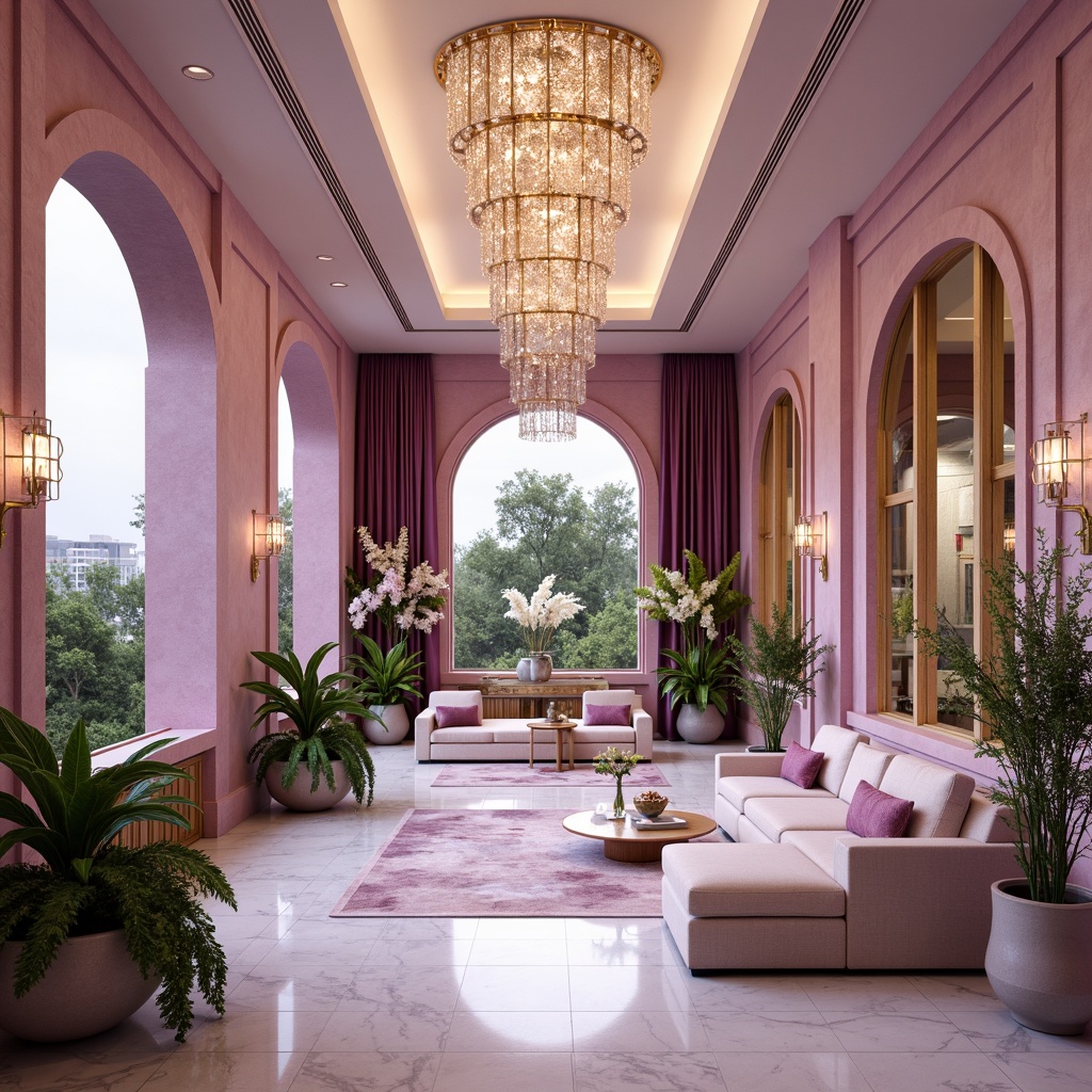 Prompt: Elegant orchid-inspired architecture, luxurious mansion, modern interior design, soft warm lighting, shallow depth of field, 3/4 composition, panoramic view, realistic textures, ambient occlusion, pastel pink walls, rich purple accents, velvety soft furnishings, metallic gold details, marble countertops, crystal chandeliers, lush greenery, exotic flowers, delicate lace patterns, intricate ornate decorations.