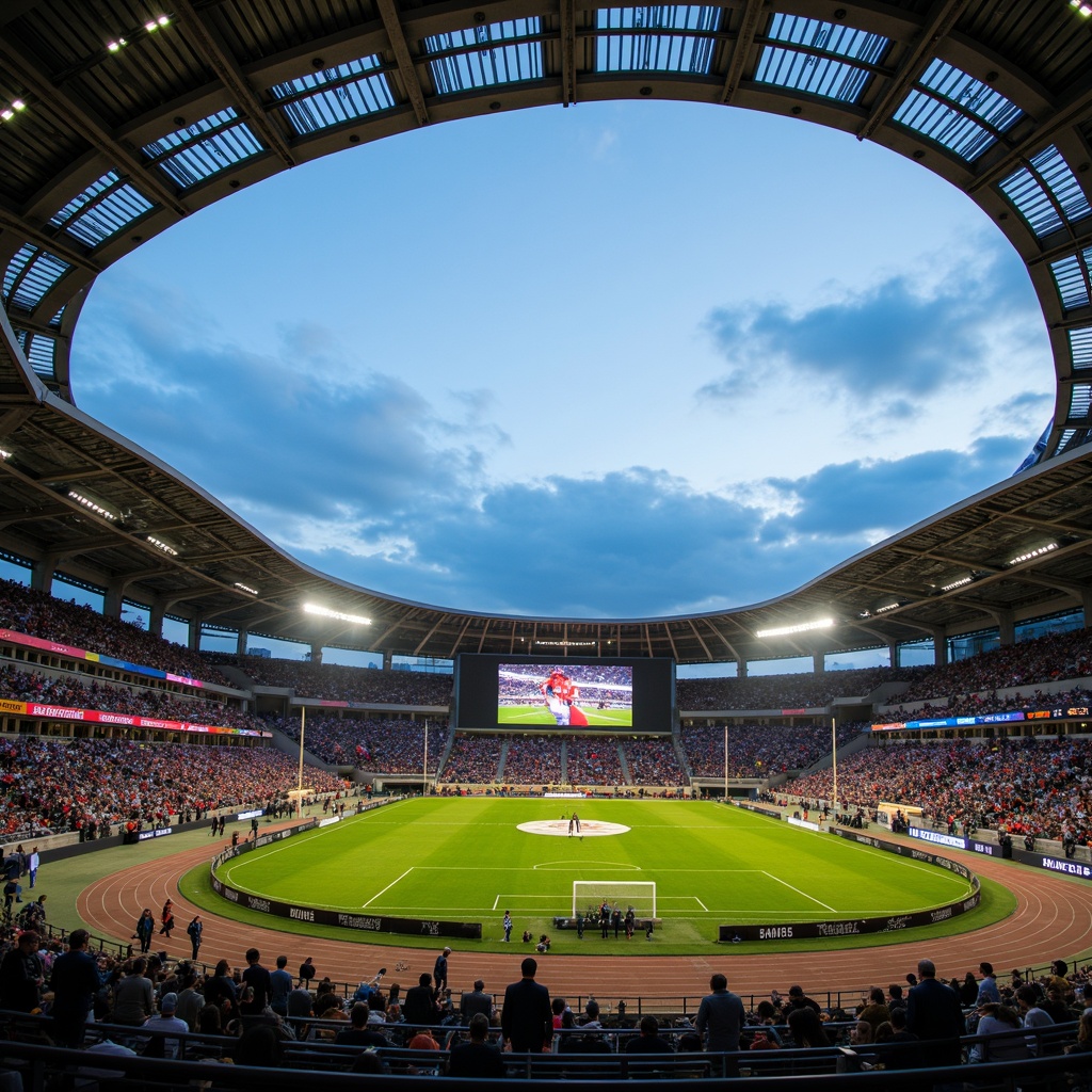 Prompt: Dynamic football stadium, curved fa\u00e7ade, angular lines, cantilevered roof, exposed steel structures, vibrant team colors, stadium seating, lush green grass, athletic track, modern LED scoreboards, towering floodlights, dramatic evening lighting, shallow depth of field, 2/3 composition, realistic textures, ambient occlusion.