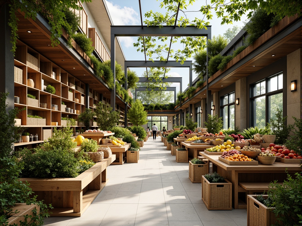 Prompt: Eco-friendly grocery store, natural ventilation systems, green roofs, solar panels, rainwater harvesting systems, recycled materials, energy-efficient lighting, minimalist decor, organic produce displays, wooden crates, rattan baskets, earthy color palette, abundant natural light, soft warm ambiance, shallow depth of field, 3/4 composition, panoramic view, realistic textures, ambient occlusion.