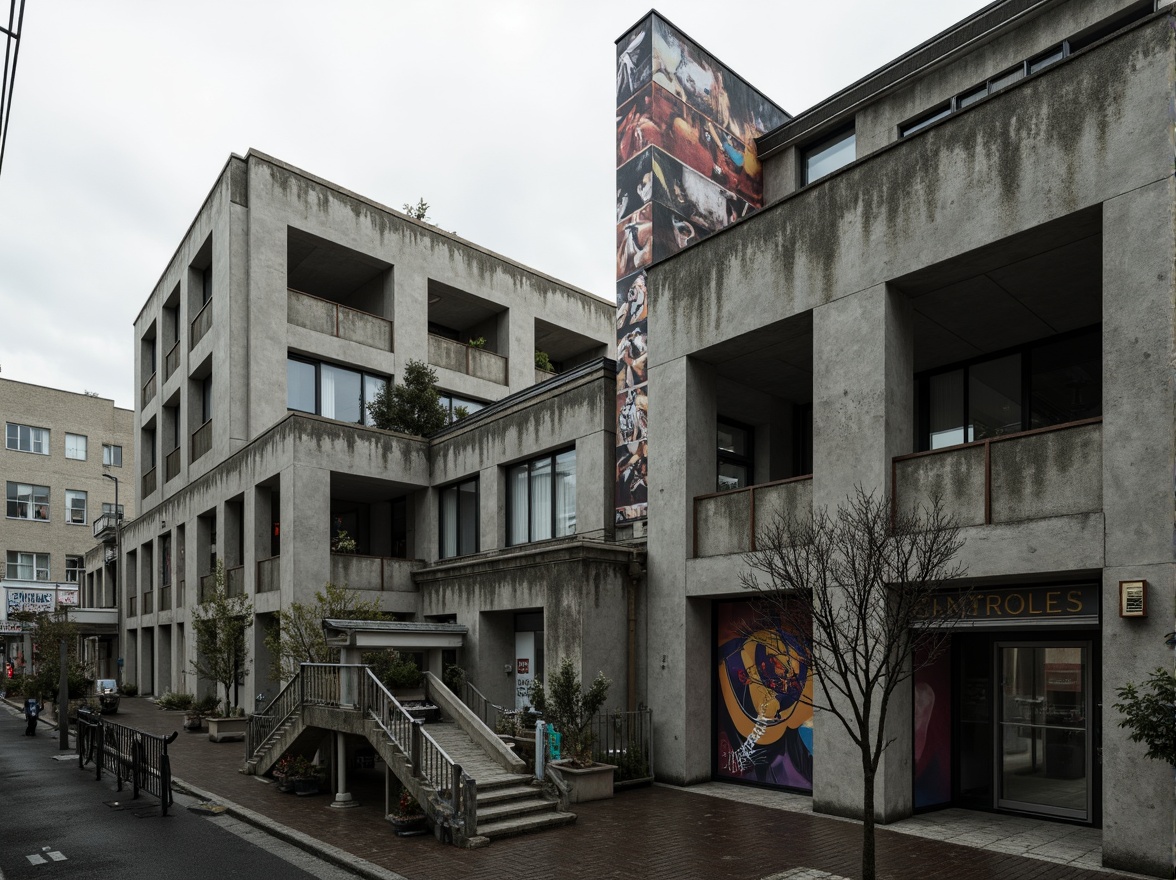 Prompt: Rugged brutalist architecture, fortified concrete walls, imposing fortress-like structures, raw unfinished surfaces, geometric angular forms, dramatic cantilevered elements, industrial materials, metallic accents, urban cityscape, overcast skies, moody atmospheric lighting, deep shadows, high contrast, bold graphic compositions, abstract expressionist murals, graffiti-inspired textures, weathered patina effects.