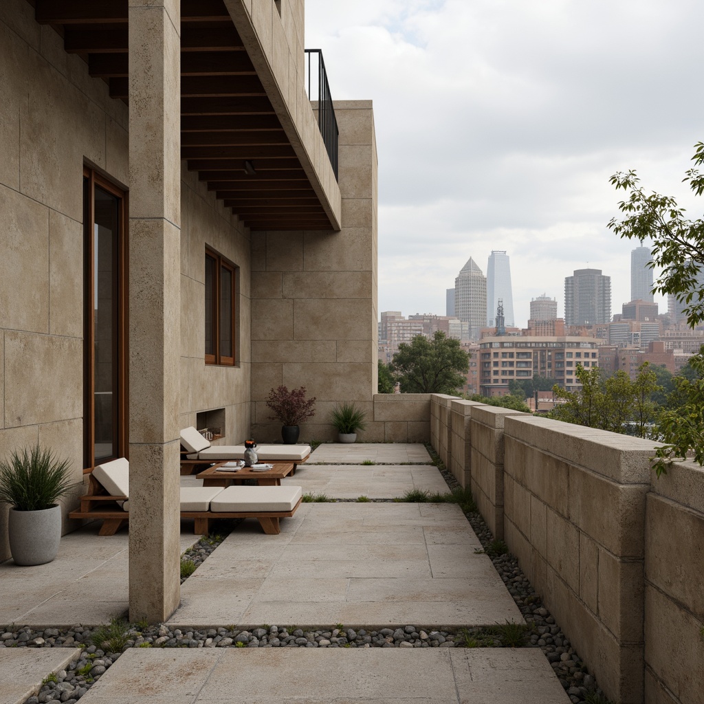 Prompt: Rustic plastered concrete walls, earthy tone, natural textures, industrial-chic aesthetic, modern brutalist architecture, urban landscape, city skyline, overcast weather, soft diffused lighting, shallow depth of field, 2/3 composition, realistic rendering, ambient occlusion, rough-hewn stone accents, metal framing, minimalist decor, functional design elements.