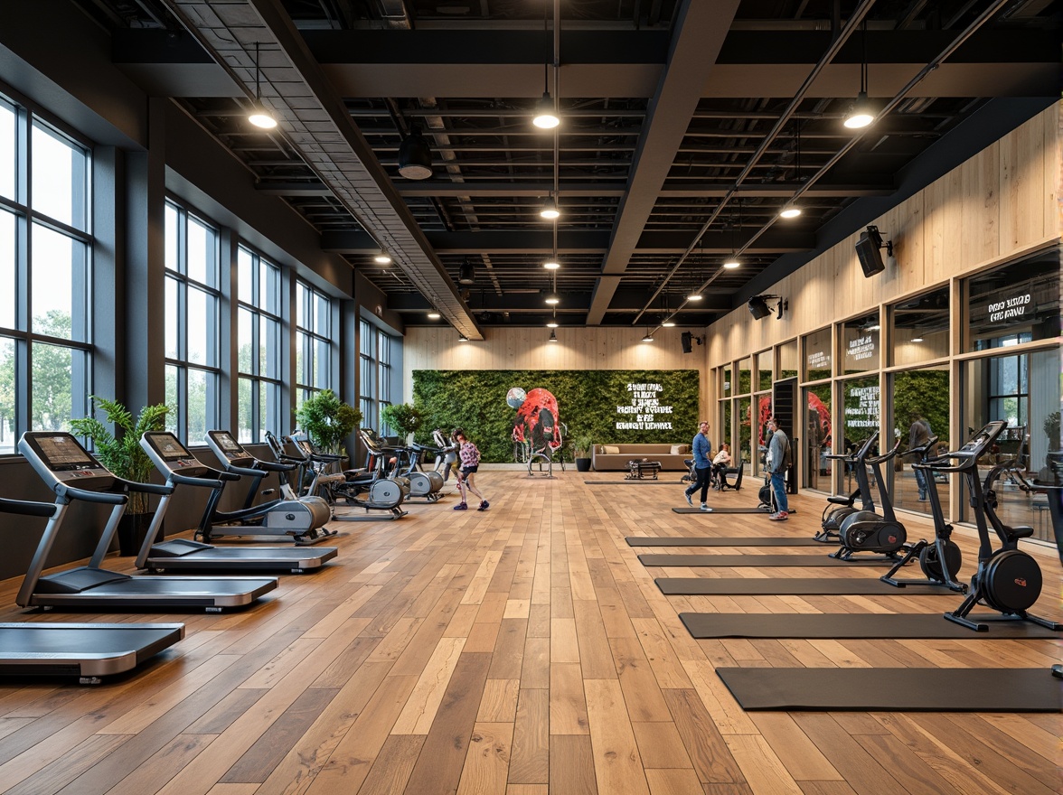 Prompt: Modern fitness center interior, high ceilings, large mirrors, polished wood floors, sleek metal equipment, free weights, treadmills, exercise bikes, yoga mats, motivational quotes, vibrant color scheme, energetic atmosphere, natural light, floor-to-ceiling windows, urban loft style, industrial chic decor, reclaimed wood accents, minimalist design, functional layout, efficient circulation paths, comfortable lounge areas, refreshing water features, calming green walls, soft ambient lighting, shallow depth of field, 3/4 composition.