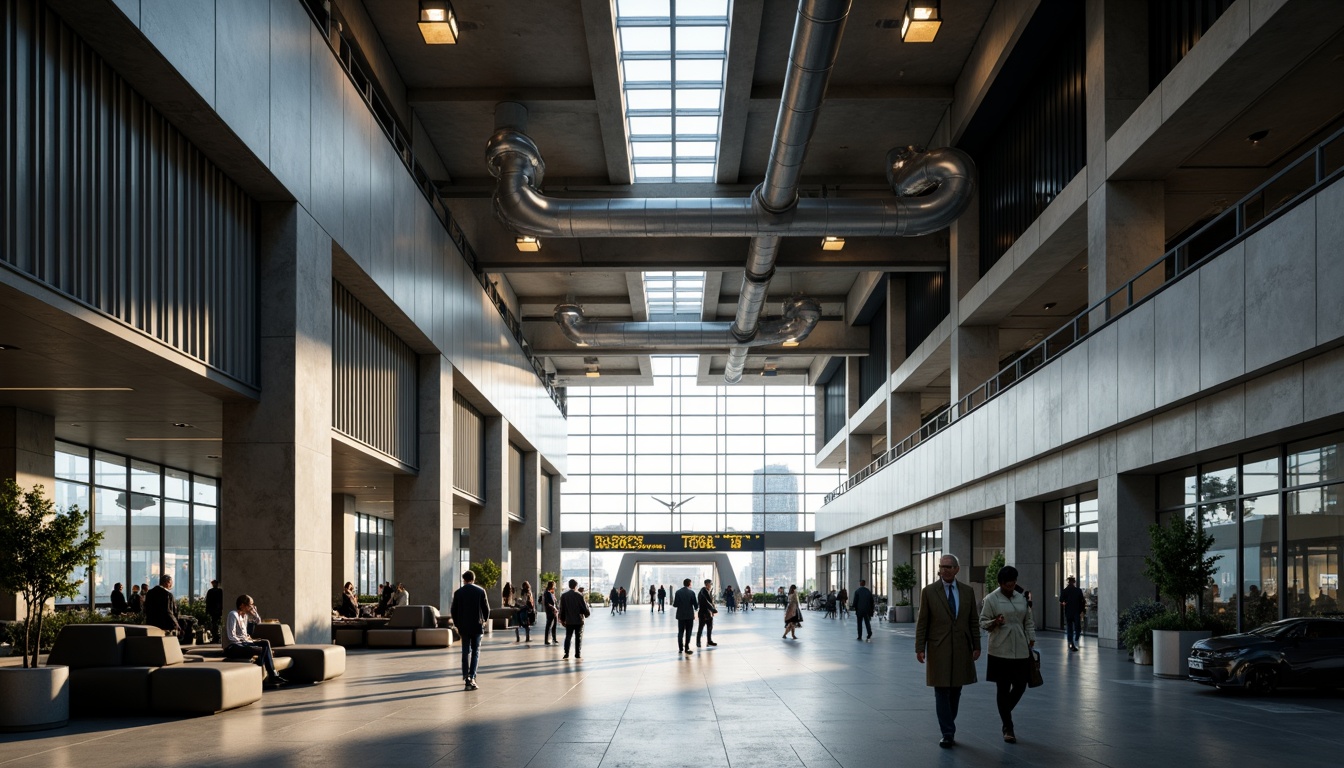 Prompt: Austere airport terminal, brutalist concrete facade, exposed ductwork, industrial pipes, raw steel beams, minimalist signage, functional design, angular lines, cold atmospheric lighting, dramatic shadows, high ceilings, open spaces, modern chandeliers, sleek furniture, urban landscape, busy atmosphere, rush hour scene, morning sunlight, shallow depth of field, 1/2 composition, cinematic view, realistic textures, ambient occlusion.