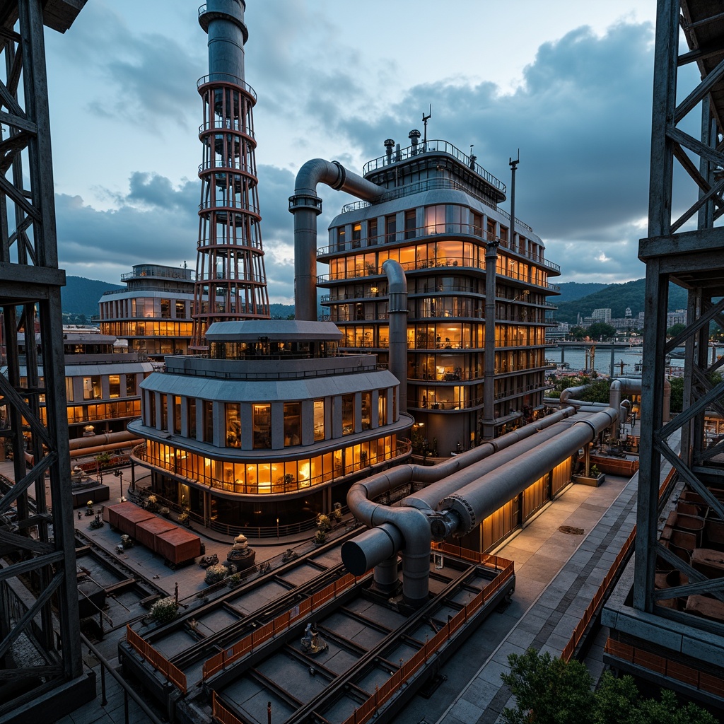 Prompt: Industrial power plant, ornate steel structures, complex piping systems, metallic latticework, intricate machinery details, vibrant warning signs, rusty industrial textures, dramatic lighting effects, high-contrast shading, 1/1 composition, close-up shots, realistic reflections, ambient occlusion, misty atmospheric effects, warm golden hour lighting, surrounding landscape views, rolling hills, distant mountains, cloudy blue skies.