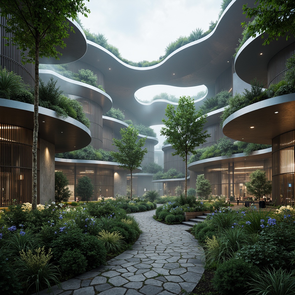 Prompt: Organic metabolic architecture, undulating curves, bulbous forms, iridescent materials, translucent membranes, bioluminescent accents, natural stone foundations, recycled metal frameworks, living walls, green roofs, misty atmospheric effects, soft diffused lighting, shallow depth of field, 2/3 composition, realistic textures, ambient occlusion.