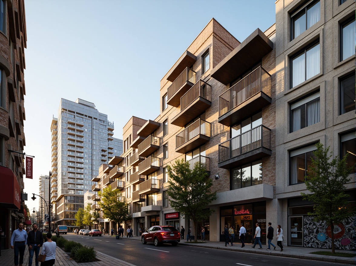 Prompt: Rough stone facades, weathered brick walls, metallic cladding, glass curtain walls, angular balconies, cantilevered roofs, urban cityscape, modern architecture, mixed-use development, high-rise buildings, bustling streets, vibrant street art, eclectic neighborhoods, warm golden lighting, shallow depth of field, 1/2 composition, dramatic shadows, realistic textures, ambient occlusion.