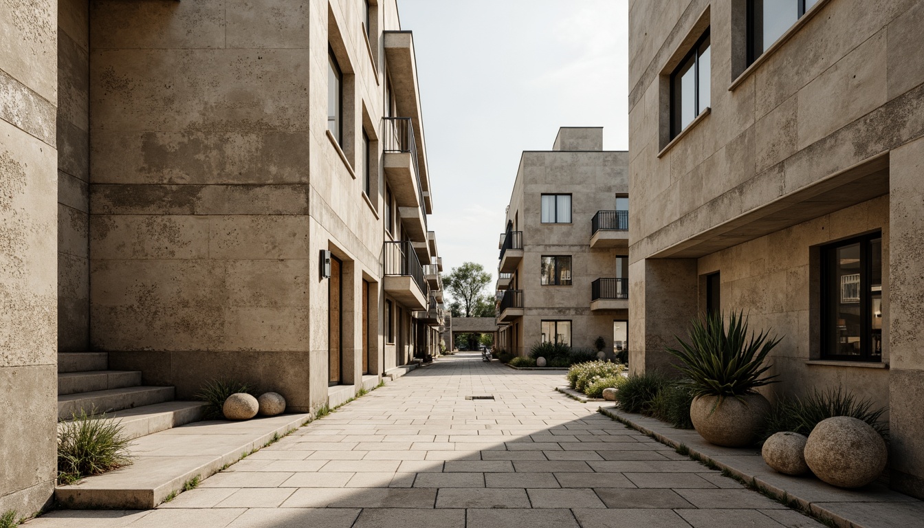 Prompt: Rustic urban landscape, weathered concrete buildings, rough plastered finishes, earthy color palette, natural textures, industrial aesthetic, brutalist architecture, poured concrete structures, minimalist design, functional simplicity, raw material expression, monochromatic tones, dramatic shadows, high-contrast lighting, 1/2 composition, close-up shots, gritty realistic renderings.