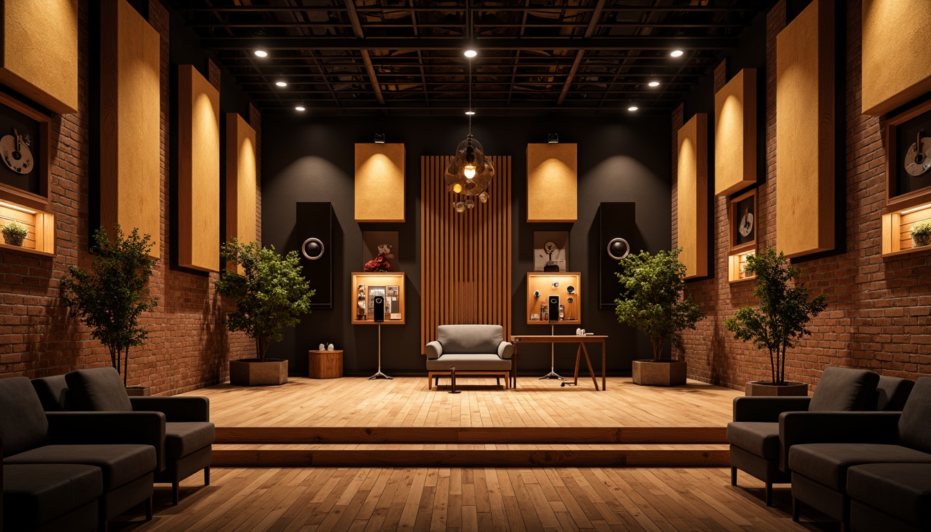 Prompt: Intimate music venue, wooden stage, soundproofed walls, acoustic panels, diffusers, absorbers, bass traps, dimmable lighting, comfortable seating, rustic wooden flooring, brick wall textures, warm ambiance, softbox lighting, 1/2 composition, shallow depth of field, realistic reflections, ambient occlusion.