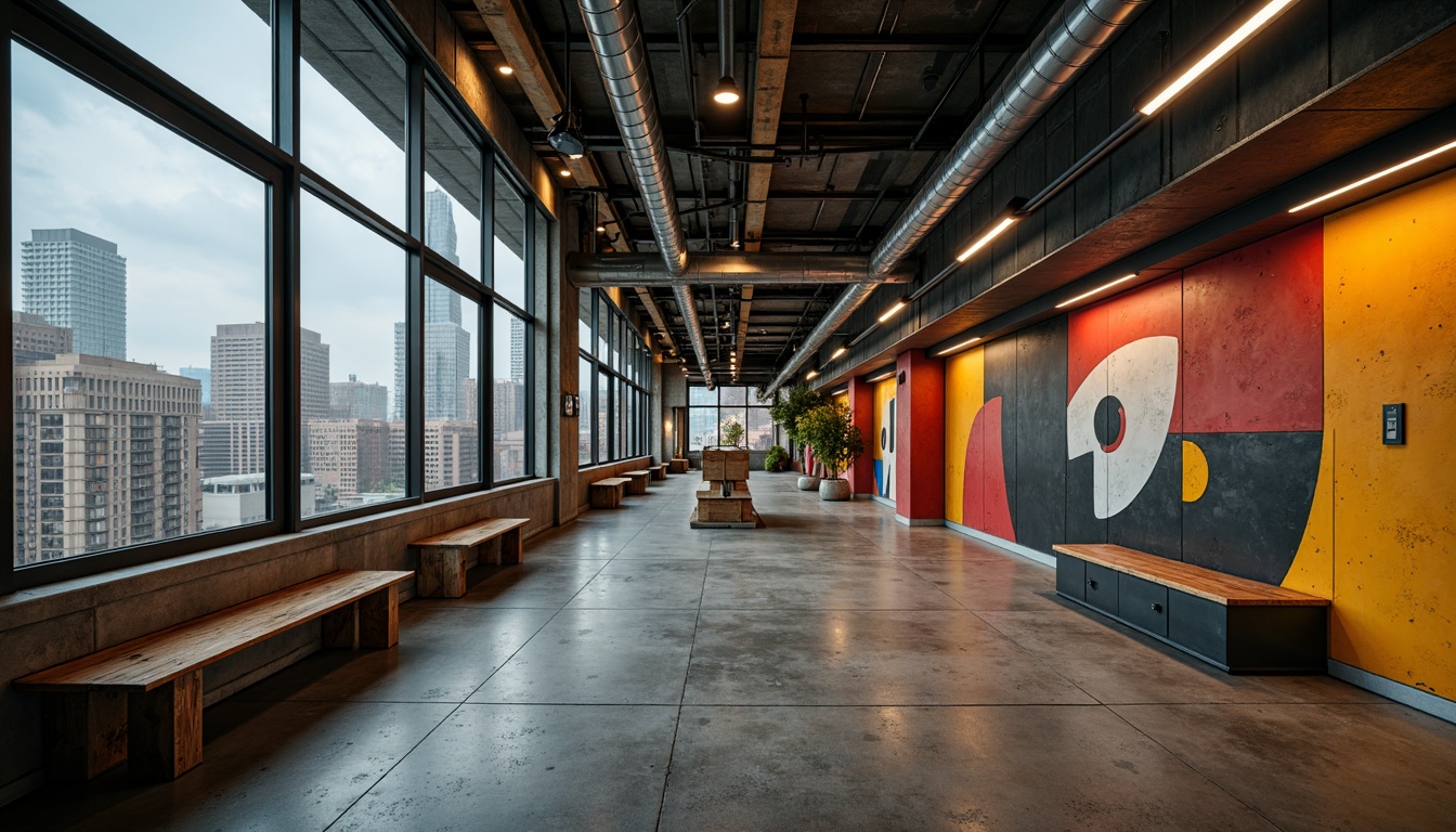 Prompt: Industrial constructivist building, exposed ductwork, metal beams, concrete floors, functional pipes, minimalist decor, urban cityscape, overcast sky, warm industrial lighting, shallow depth of field, 1/2 composition, gritty textures, ambient occlusion, bold color blocking, primary colors, accent walls, geometric patterns, distressed finishes.