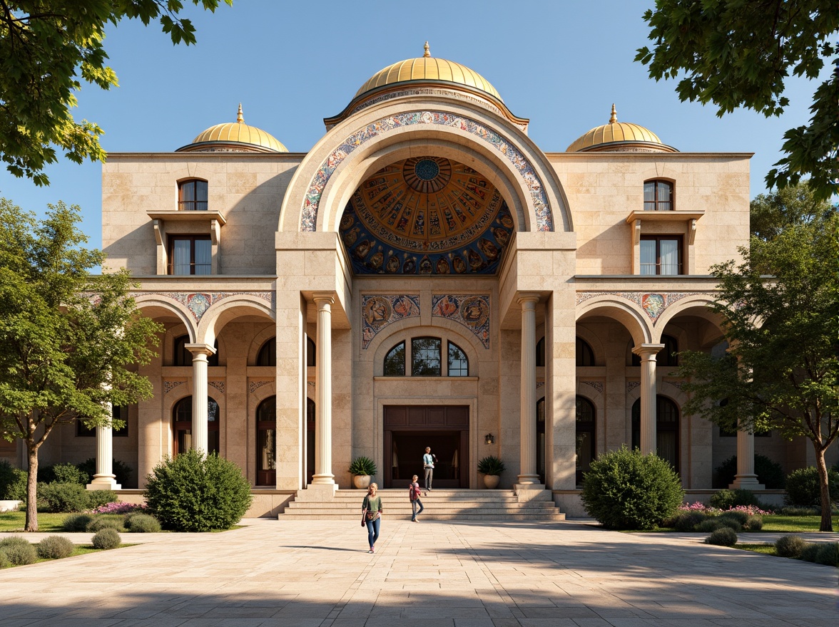 Prompt: Middle school Byzantine architecture, grand arched entrance, ornate columns, golden domes, intricate mosaics, vibrant frescoes, rustic stone walls, curved apse, ribbed vaults, ornamental capitals, decorative archivolts, symmetrical facade, imposing structure, warm sunny day, soft diffused lighting, shallow depth of field, 3/4 composition, realistic textures, ambient occlusion.