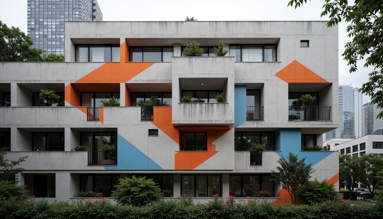 Prompt: Geometric building facade, fragmented forms, abstract shapes, bold color blocking, dynamic visual rhythms, industrial materials, exposed ductwork, brutalist concrete textures, minimalist windows, angular balconies, futuristic urban landscape, overcast sky, high-contrast lighting, dramatic shadows, 1/1 composition, low-angle shot, cinematic atmosphere, realistic reflections.