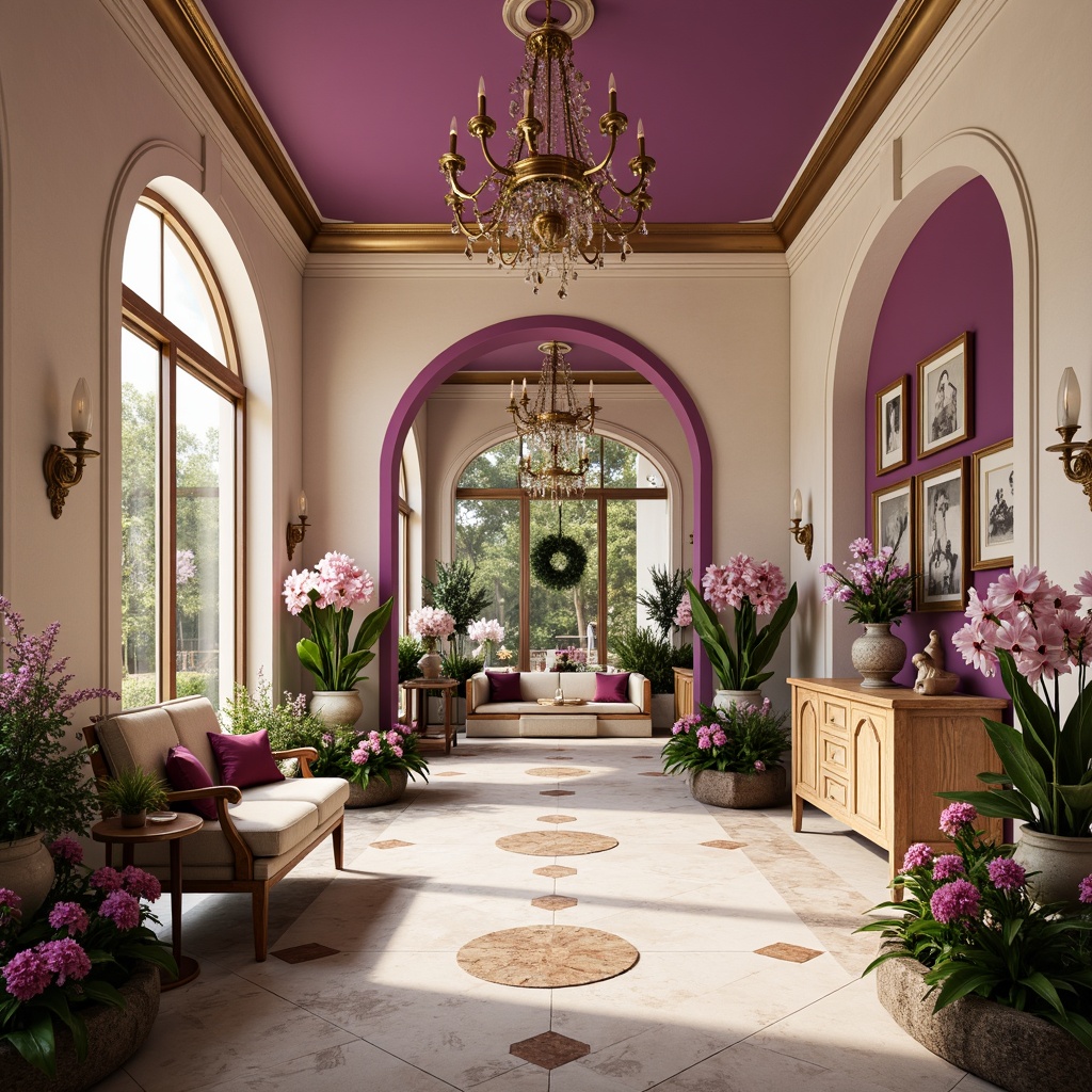 Prompt: Luxuriant orchid-inspired villa, soft blush tones, rich plum hues, velvety dark purple accents, creamy ivory walls, ornate gold fixtures, lavish chandeliers, intricate marble patterns, lush greenery, blooming flowers, warm natural light, shallow depth of field, 1/1 composition, realistic textures, ambient occlusion.