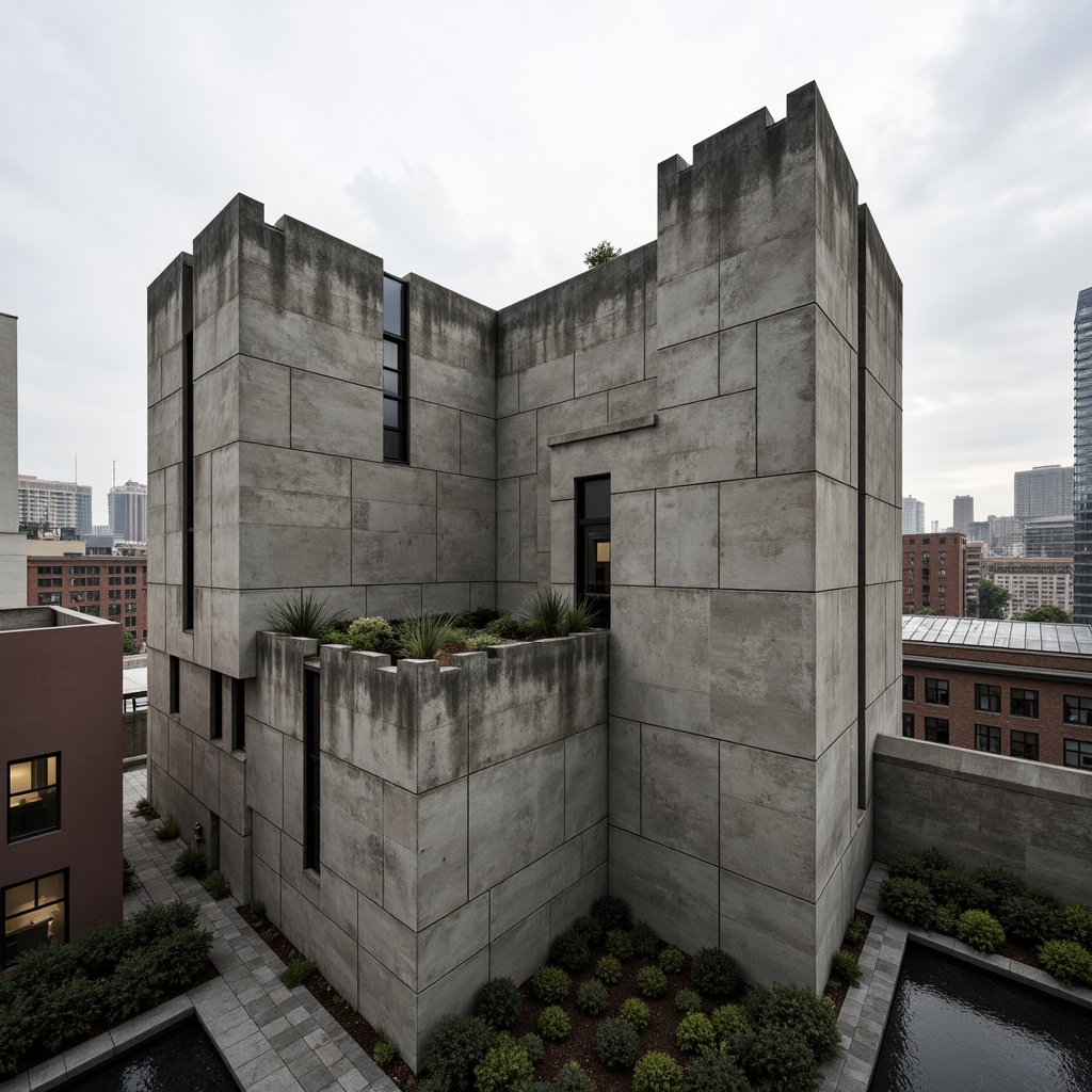 Prompt: Raw concrete walls, rugged textures, fortress-like architecture, dramatic cantilevered roofs, angular lines, minimalist ornamentation, industrial-style windows, metal accents, brutalist aesthetic, urban context, cityscape views, overcast sky, diffused natural light, low-key color palette, 1-point perspective, symmetrical composition, high-contrast shading, realistic materials, ambient occlusion.