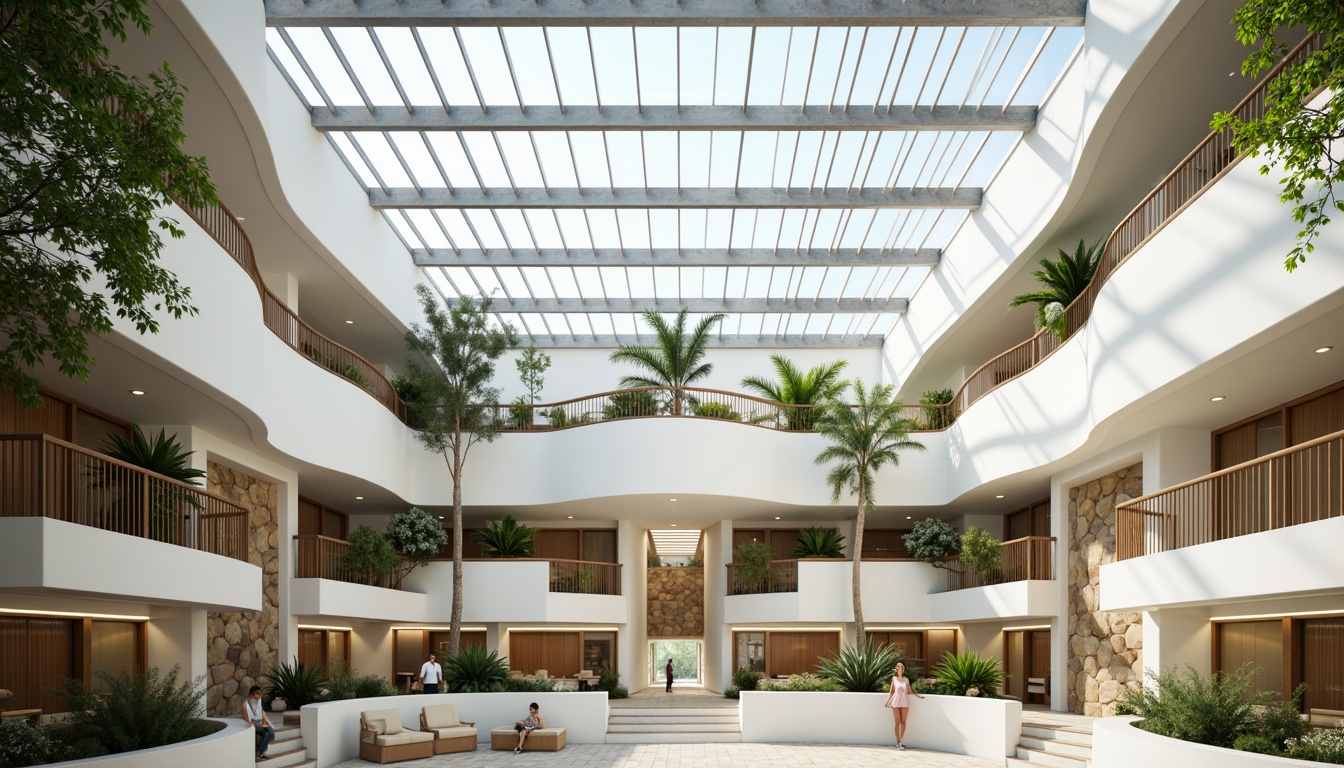 Prompt: Bright atriums, high ceilings, clerestory windows, skylights, transparent roofs, reflective interior surfaces, minimalist decor, white walls, polished floors, open floor plans, curved lines, organic shapes, lush greenery, hanging plants, natural stone accents, reclaimed wood features, solar tubes, light shelves, diffused lighting, soft warm illumination, 1/2 composition, shallow depth of field, realistic textures, ambient occlusion.This prompt includes the main subject (building design), its features (atriums, high ceilings, clerestory windows, etc.), environmental descriptions (lush greenery, natural stone accents), and camera settings (diffused lighting, soft warm illumination, 1/2 composition).