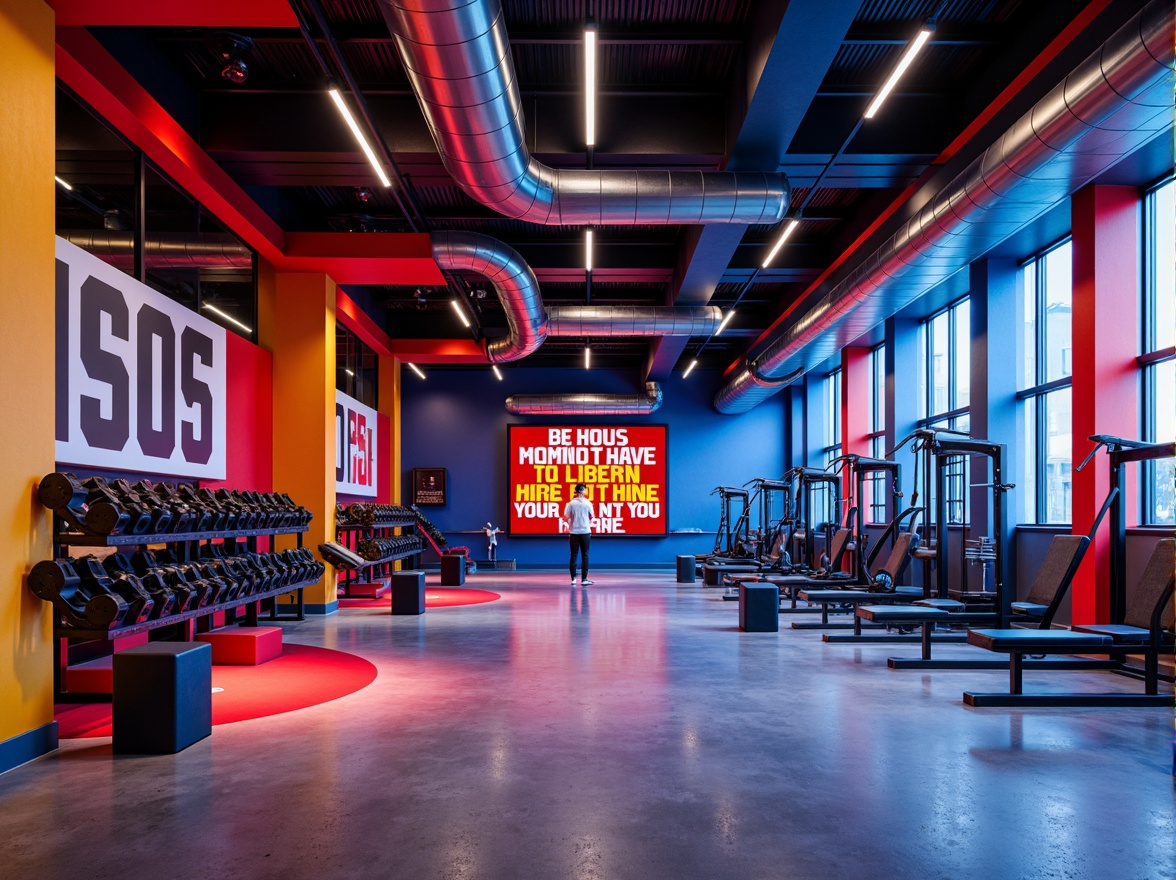 Prompt: Vibrant fitness studio, energetic color scheme, bold red accents, deep blue tones, bright yellow highlights, motivational quotes, modern industrial architecture, exposed ductwork, polished concrete floors, sleek metal equipment, futuristic lighting fixtures, high ceilings, minimalist decor, dynamic shadows, low-key ambient occlusion, realistic textures, 1/1 composition, shallow depth of field.