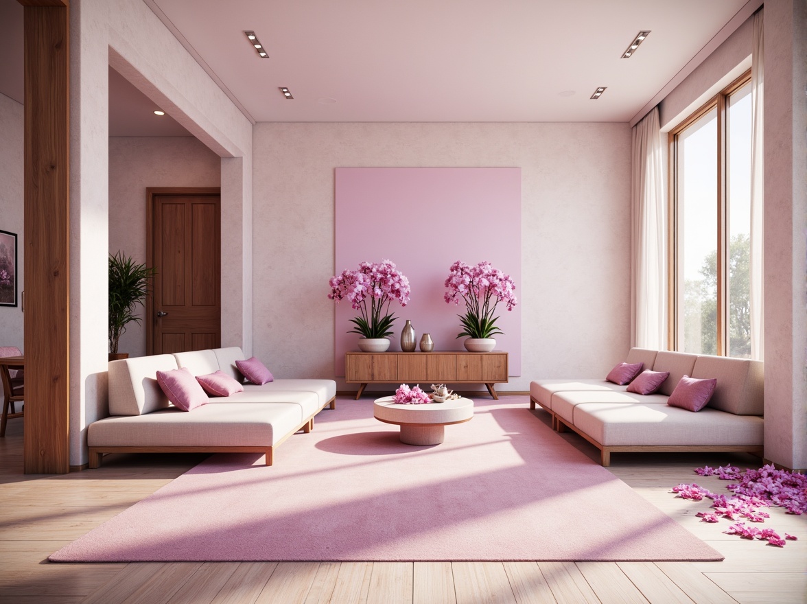 Prompt: Elegant orchid hues, soft pastel shades, delicate petals, subtle gradient transitions, luxurious fabrics, refined metallic accents, sophisticated glass surfaces, modern minimalist decor, sleek low-profile furniture, airy open spaces, abundant natural light, warm golden lighting, shallow depth of field, 1/1 composition, realistic textures, ambient occlusion.