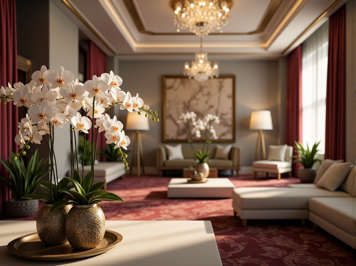 Prompt: Luxuriant orchid blooms, soft petals, delicate shapes, pastel hues, creamy whites, rich berry tones, velvety textures, ornate patterns, elegant vases, refined decorative accents, sophisticated interior design, high-end furniture, plush carpets, crystal chandeliers, warm golden lighting, shallow depth of field, 1/1 composition, intimate atmosphere, realistic renderings, ambient occlusion.