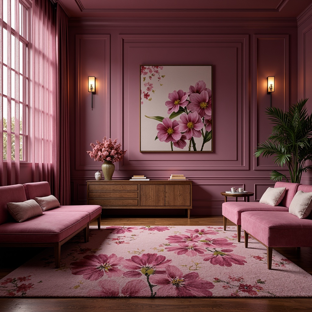 Prompt: Luxurious interior design, orchid tone color palette, soft velvety textures, elegant flower patterns, warm golden lighting, rich wood accents, sophisticated furniture designs, plush area rugs, refined metal details, subtle gradient effects, 3D rendering, realistic reflections, shallow depth of field, cinematic composition, atmospheric ambiance.