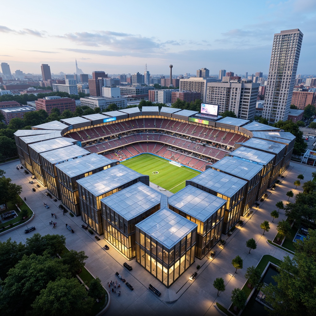 Prompt: Transparent stadium fa\u00e7ade, sleek modern design, cantilevered roofs, open-air concourses, panoramic city views, vibrant LED lighting, polished concrete floors, minimalist seating areas, retractable roofs, natural ventilation systems, column-free interiors, optimized crowd circulation, bird's-eye view perspectives, dramatic angular lines, glass curtain walls, reflective metal surfaces, futuristic ambiance, warm sunny days, shallow depth of field, 1/2 composition, realistic textures, ambient occlusion.