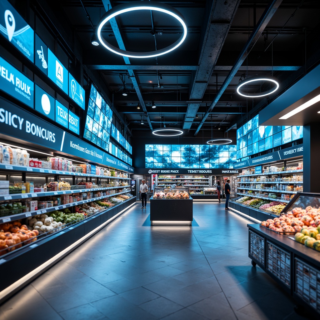 Prompt: Futuristic grocery store interior, sleek metal shelves, glowing LED lights, neon-lit signage, holographic product displays, iridescent floor tiles, minimalist decor, angular lines, automated shopping carts, robotic sales assistants, virtual reality shopping experiences, soft ambient lighting, 1/2 composition, shallow depth of field, panoramic view, realistic textures, ambient occlusion.