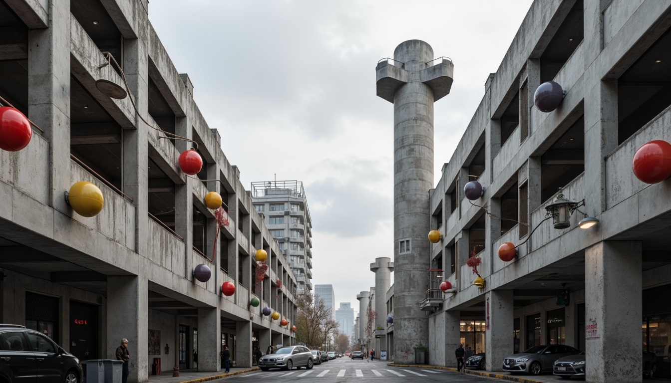 Prompt: Monumental constructivist buildings, brutalist concrete structures, abstract geometric shapes, industrial metal beams, exposed ductwork, functional pipes, minimalist d\u00e9cor, avant-garde art installations, urban cityscape views, cloudy grey skies, dramatic high-contrast lighting, shallow depth of field, 1/1 composition, symmetrical framing, bold colorful accents, distressed textures, atmospheric mist effects.