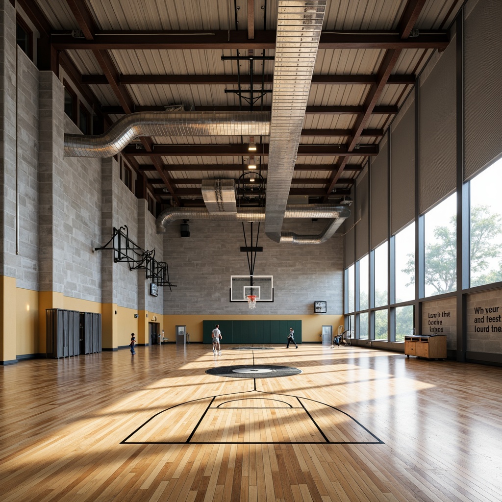 Prompt: Modern gymnasium interior, polished wood flooring, steel beams, exposed ductwork, natural ventilation systems, energy-efficient lighting, minimalist design aesthetic, concrete walls, industrial-style metal columns, retractable basketball hoops, athletic track surfaces, sports equipment storage, motivational quotes on walls, dynamic color schemes, high ceilings, abundant natural light, softbox lighting, shallow depth of field, 3/4 composition, realistic textures, ambient occlusion.