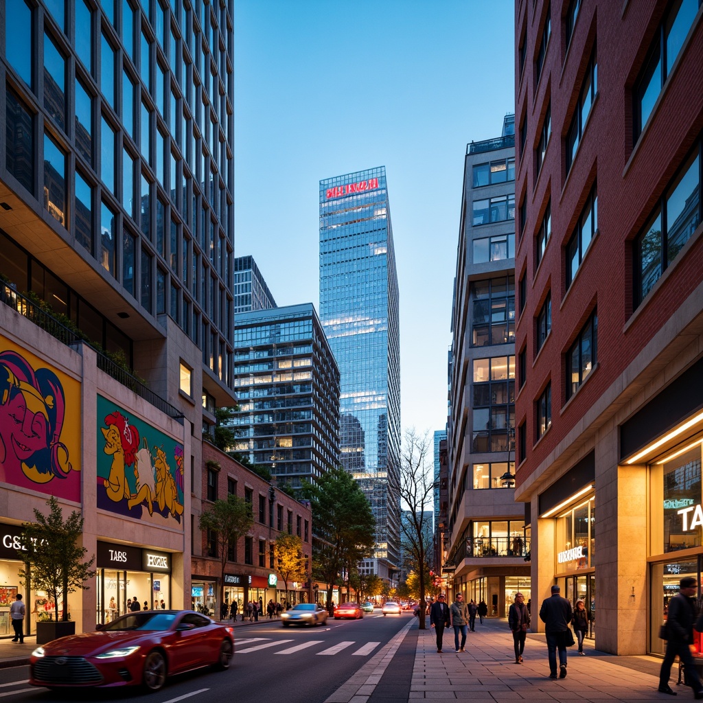 Prompt: Vibrant cityscape, modern skyscrapers, sleek glass facades, metallic accents, bold colorful murals, urban street art, eclectic mix of architectural styles, industrial chic, exposed brick walls, polished concrete floors, neon signage, futuristic LED lights, warm golden hour lighting, shallow depth of field, 1/1 composition, realistic textures, ambient occlusion.