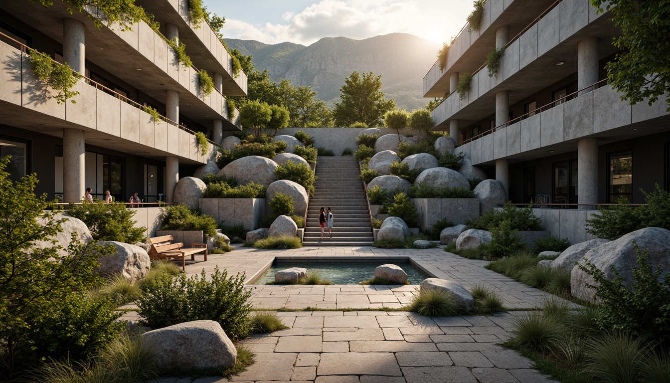 Prompt: Rugged amphitheater, brutalist architecture, raw concrete structures, imposing grand staircase, cascading green roofs, lush vegetation, natural stone walls, industrial metal handrails, minimalist seating areas, dramatic shadows, warm golden lighting, low-angle shots, atmospheric perspective, cinematic composition, realistic rock textures, ambient occlusion.