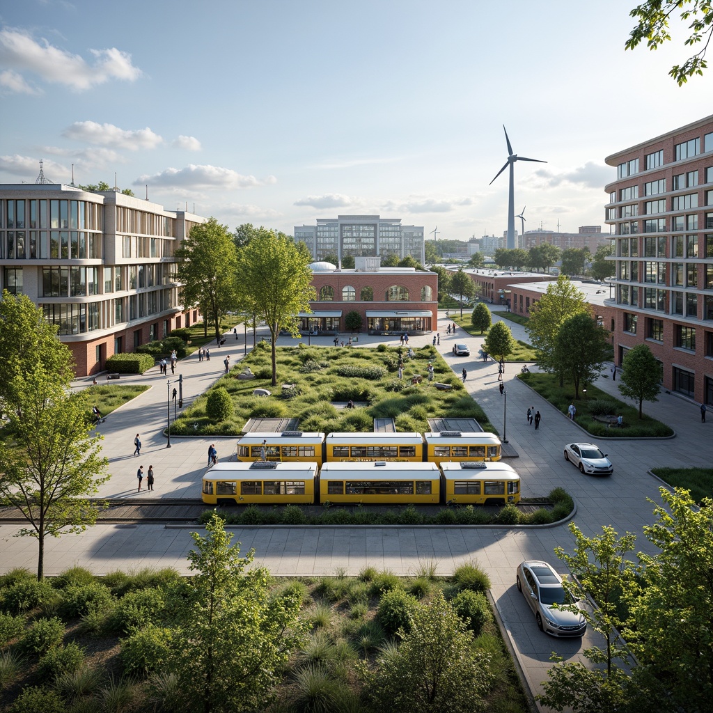 Prompt: Vibrant tram station, lush green roofs, solar panels, wind turbines, rainwater harvesting systems, native plant species, permeable pavement, eco-friendly materials, modern minimalist design, angular lines, sleek metal structures, large windows, natural light, airy atmosphere, shallow depth of field, 3/4 composition, panoramic view, realistic textures, ambient occlusion.