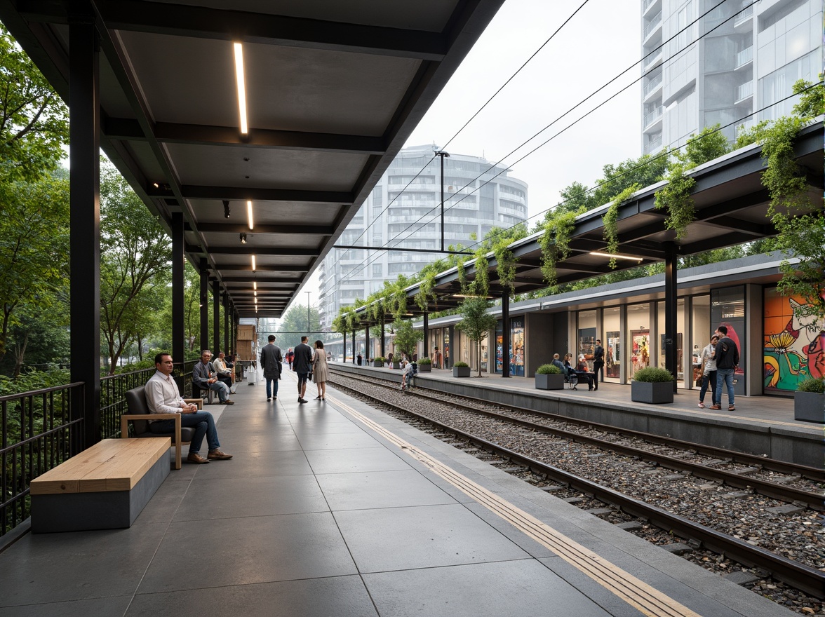 Prompt: Modern train station, sustainable design, eco-friendly materials, recycled steel beams, low-carbon concrete floors, green roofs, solar panels, energy-efficient lighting, natural ventilation systems, living walls, urban gardens, vibrant street art, bustling city atmosphere, shallow depth of field, 1/1 composition, realistic textures, ambient occlusion.