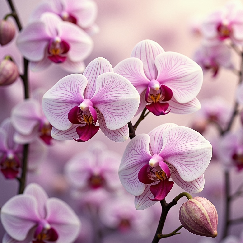 Prompt: Luxuriant orchid blooms, soft pastel hues, delicate petals, creamy whites, rich berry shades, velvety dark purples, golden yellows, intricate floral patterns, whimsical illustrations, elegant typography, subtle gradient effects, dreamy atmosphere, warm soft lighting, 1/1 composition, intimate close-ups, realistic textures, ambient occlusion.