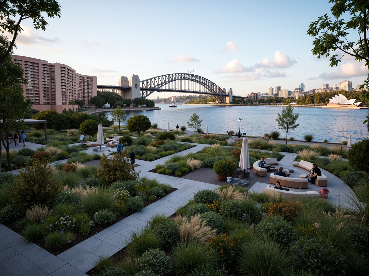 Prompt: Vibrant Sydney Harbour, iconic Opera House, lush greenery, native Australian plants, meandering walking paths, public art installations, social housing complex, modern architecture, angular lines, minimalist design, rooftop gardens, community spaces, outdoor seating areas, subtle lighting, warm evening ambiance, shallow depth of field, 3/4 composition, panoramic view, realistic textures, ambient occlusion.