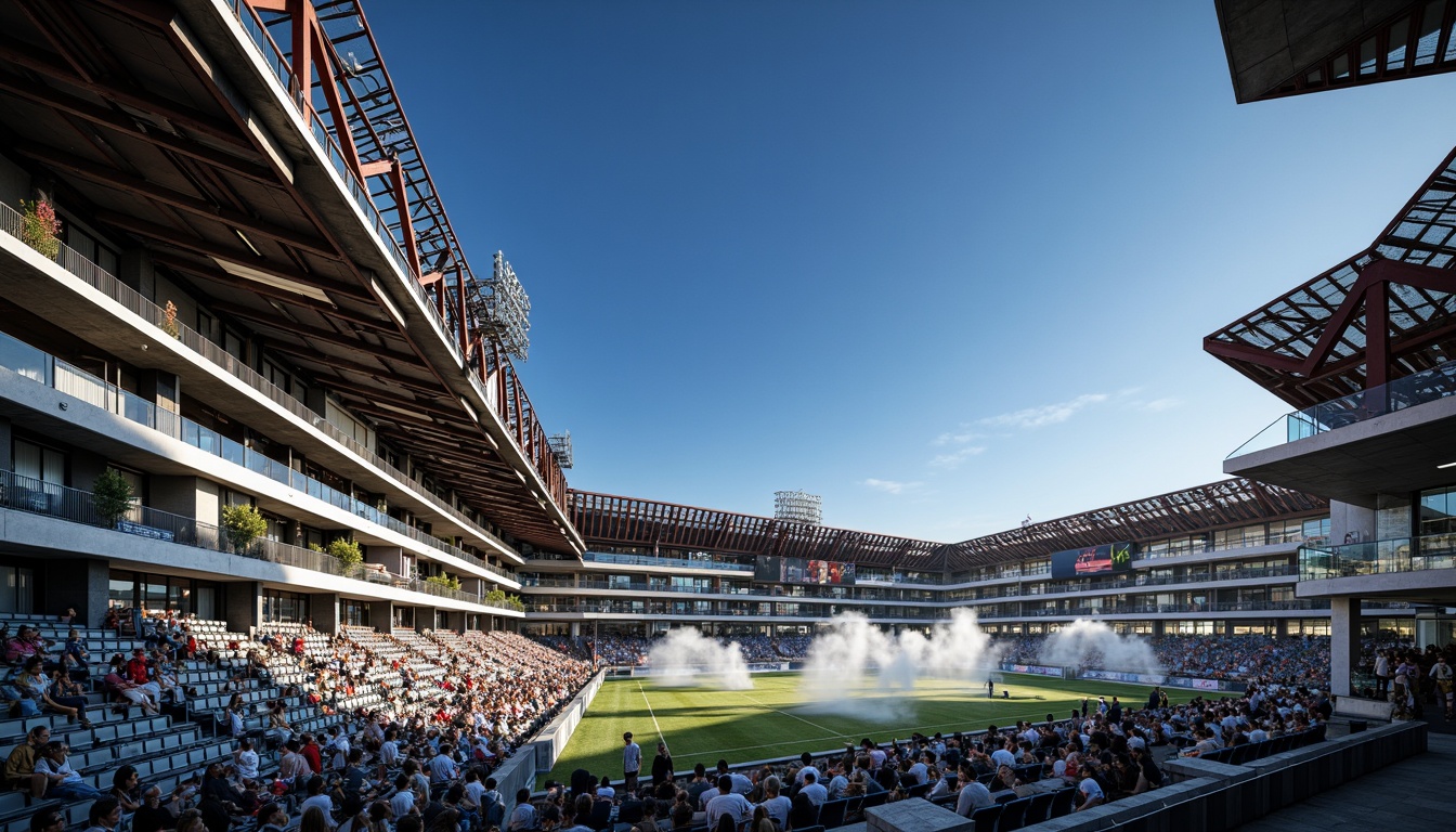 Prompt: Grandstand seating areas, curved rooflines, cantilevered canopies, steel trusses, exposed ductwork, concrete pillars, ribbon-like staircases, angular balconies, transparent glass facades, sleek aluminum cladding, vibrant LED lighting systems, dynamic crowd simulations, atmospheric misting effects, realistic spectator animations, high-angle camera views, shallow depth of field, 2/3 composition, cinematic lighting setups.