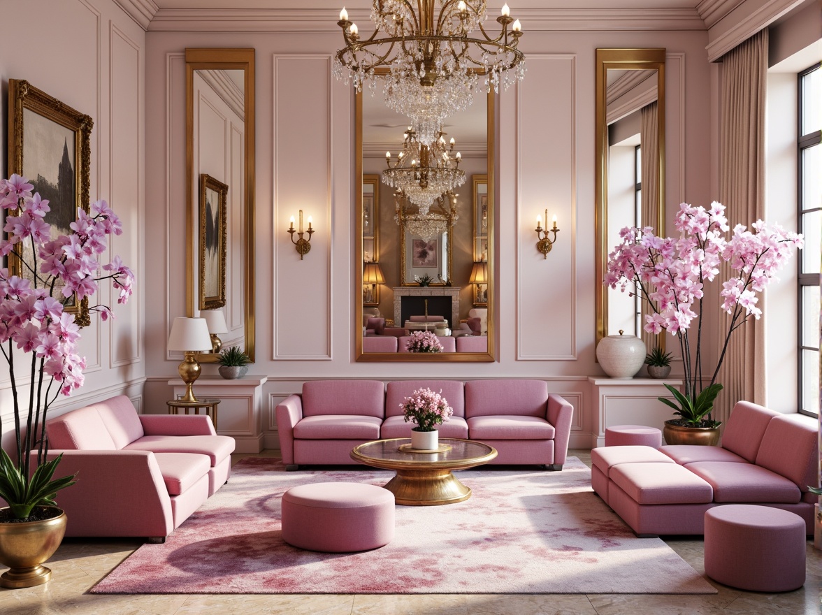 Prompt: Elegant orchid-inspired interior design, soft pastel hues, delicate petal-like shapes, luxurious velvet fabrics, metallic gold accents, ornate mirrors, crystal chandeliers, plush area rugs, sophisticated furniture silhouettes, subtle gradient effects, warm ambient lighting, shallow depth of field, 1/1 composition, realistic textures, ambient occlusion.