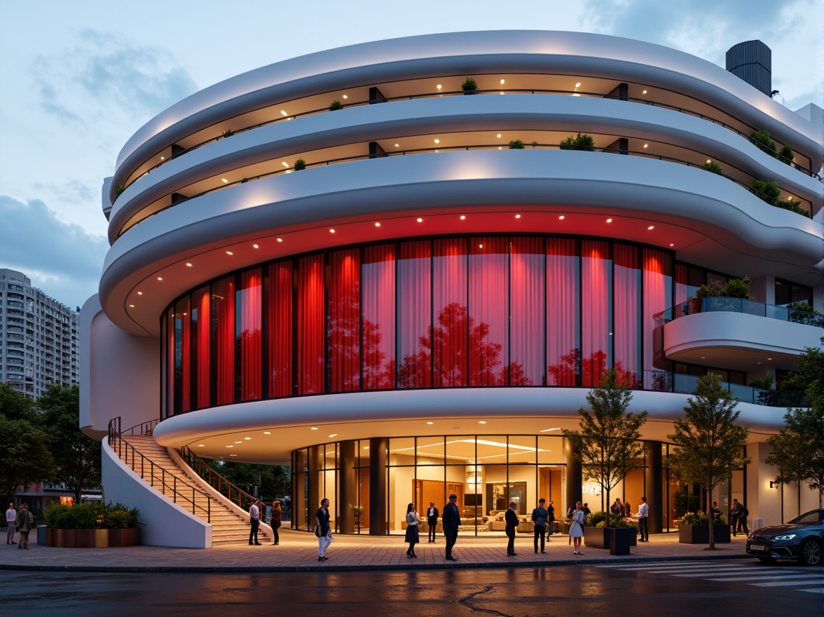 Prompt: Curved concert house facade, streamline moderne style, glossy white surfaces, horizontal lines, rounded edges, minimal ornamentation, cantilevered balconies, floor-to-ceiling windows, sliding glass doors, polished metal accents, vibrant red interior lighting, dramatic spotlights, luxurious velvet curtains, soundproofing acoustic panels, sophisticated audio equipment, elegant grand staircase, spacious open-plan layout, high-gloss wooden floors, richly patterned rugs, plush concert seating, backstage VIP lounge area, modern urban cityscape backdrop, cloudy grey sky, warm afternoon light, shallow depth of field, 1/1 composition, cinematic camera angles.