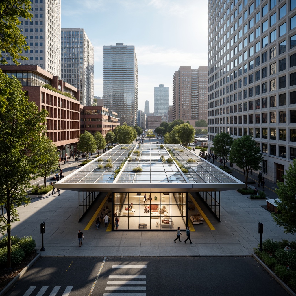 Prompt: Modern tram station, sleek glass roof, energy-efficient LED lighting, solar panels, wind turbines, green roofs, rainwater harvesting systems, recycling facilities, eco-friendly materials, minimalist design, angular lines, natural ventilation, large windows, transparent walls, open spaces, urban landscape, bustling streets, morning sunlight, soft warm glow, shallow depth of field, 3/4 composition, realistic textures, ambient occlusion.